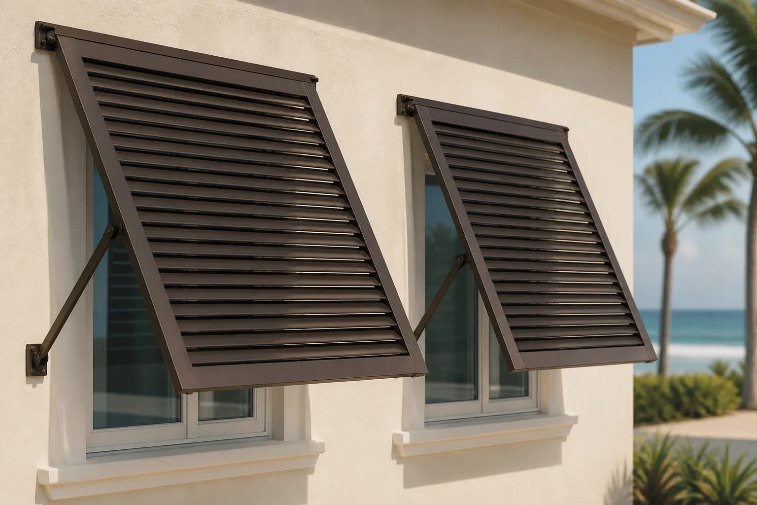Bronze aluminum Bahama shutters held open over coastal windows