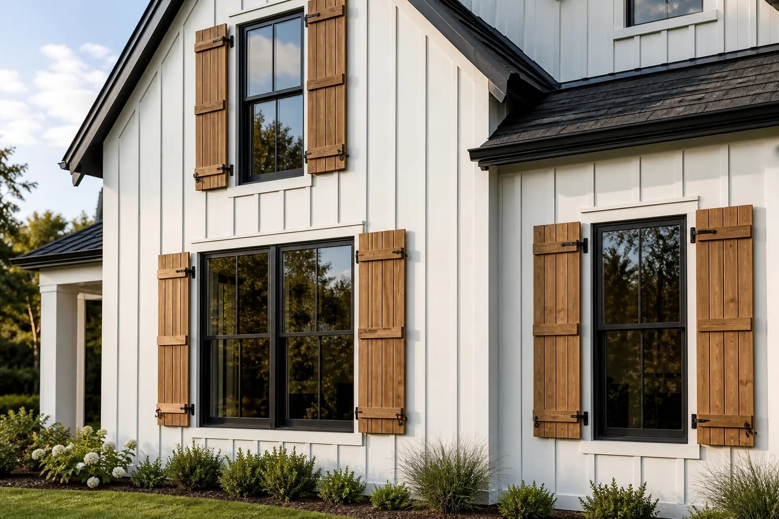 Warm cedar board-and-batten shutters on a white farmhouse