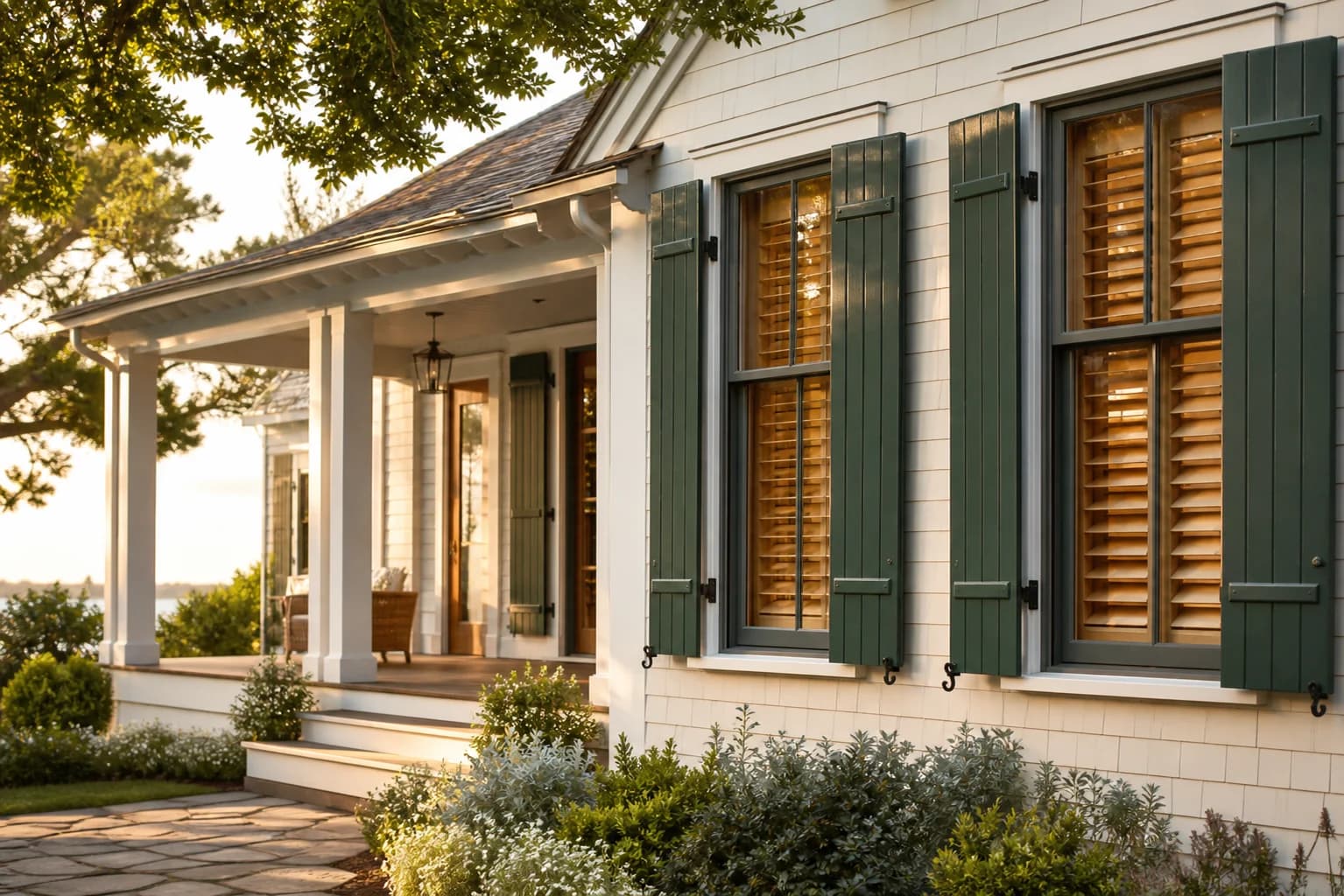 Custom green exterior shutters on a bright coastal home