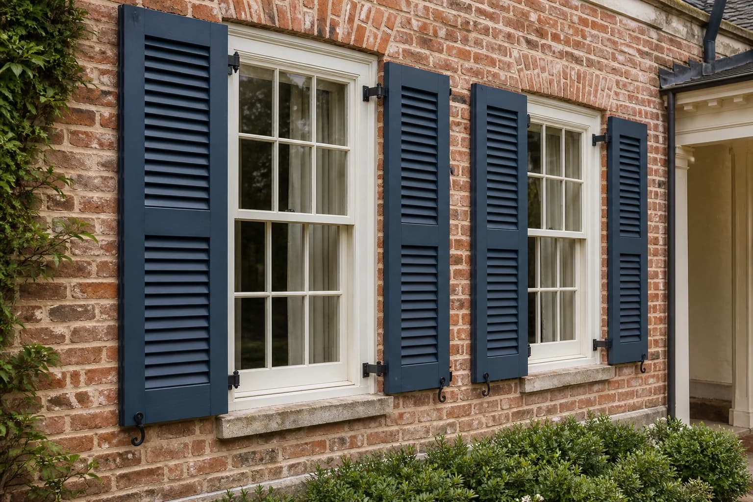 Deep blue fixed-louver exterior shutters mounted beside brick windows
