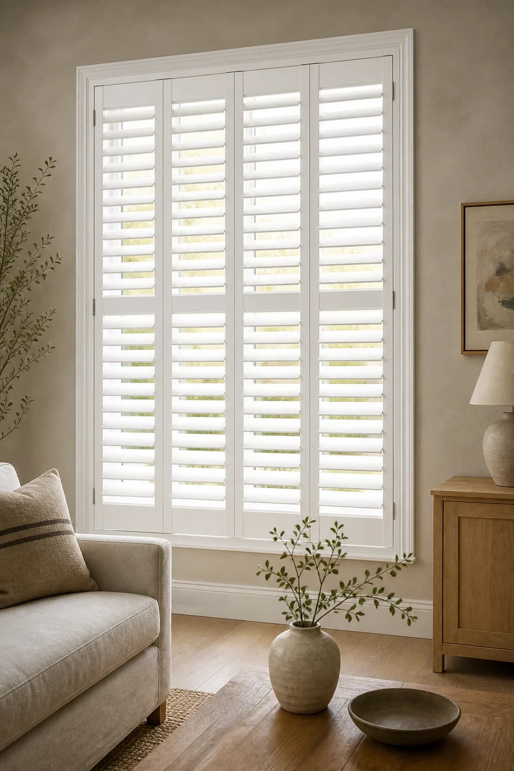 White full-height plantation shutters fitted inside a tall living-room window