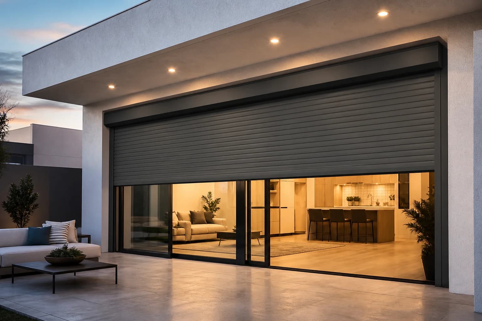 Rolling shutter slats closing over a wide exterior opening