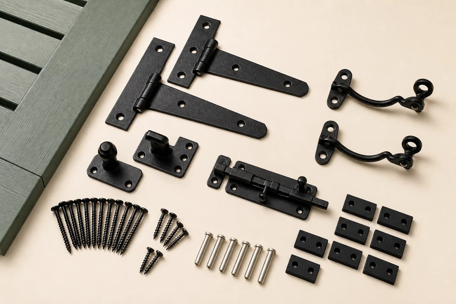 Exterior shutter hinges and replacement hardware on a studio surface