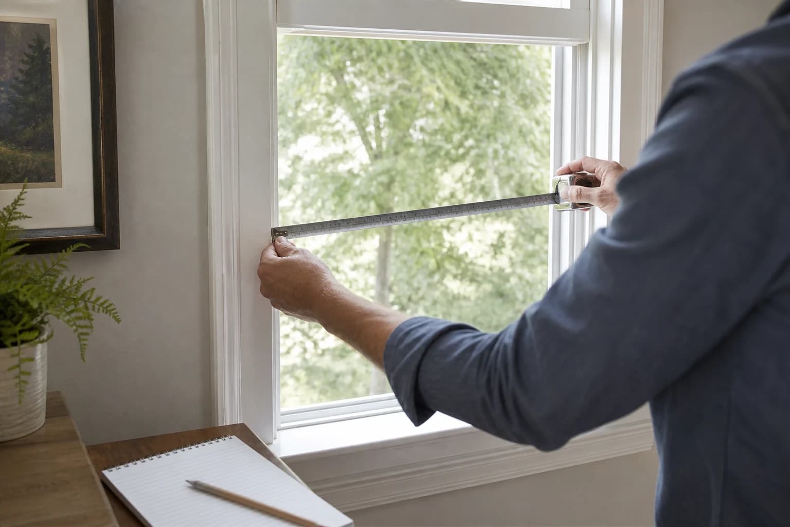 Professional measuring a window opening for custom shutters